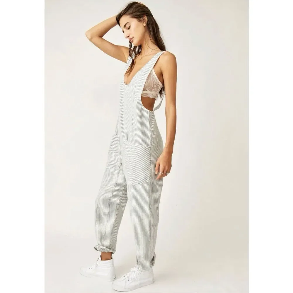 Free People We The Free Jumpsuit High Roller Light denim Stripe Blue Lagenlook B - Picture 2 of 11